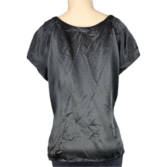Apt 9 L Black Satin White Dot Print Scoop Neck Button Accent Short Sleeve Blouse - Picture 4 of 6